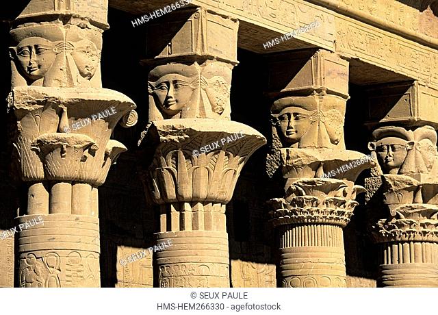Egypt, Upper Egypt, Nubia, Nile Valley, Aswan, Agilka Island, Philae listed as World Heritage by UNESCO, chapiters with the head of Hathor Goddess