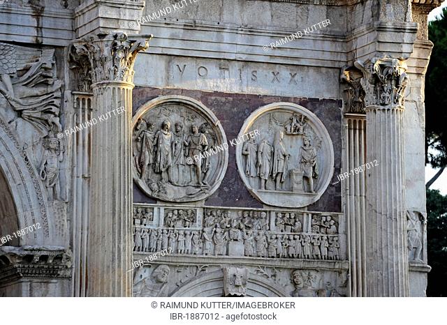 Relief tondi and relief frieze on the Arch of Constantine, Piazza del Colosseo, Rome, Lazio, Italy, Europe