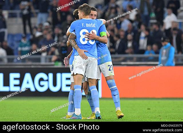 The Lazio player Sergej Milinkovic Savic celebrating after score the goal during the match Lazio-Midtjylland at the Stadio Olimpico