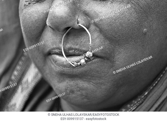 Nathani gold ring ornament used in nostril , Lavasa, Poona, Mahrshtra, India