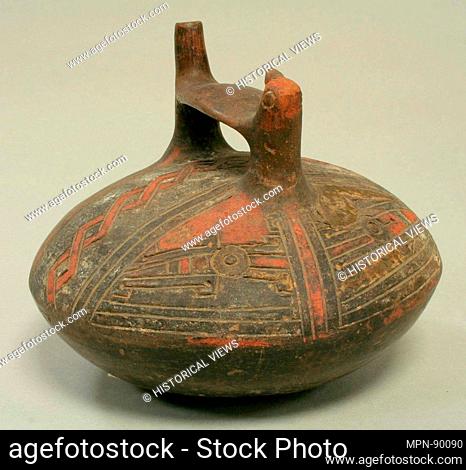 Double Spout and Bridge Bottle with Bird. Date: 5th-3rd century B.C; Geography: Peru, Ica Valley; Culture: Paracas; Medium: Ceramic