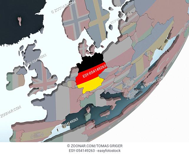 Germany on political globe with embedded flag. 3D illustration