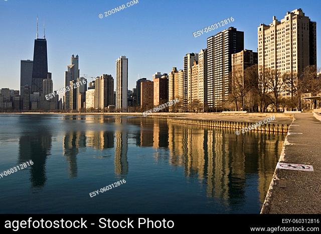 Chicago reflected in Lake Michigan morning time