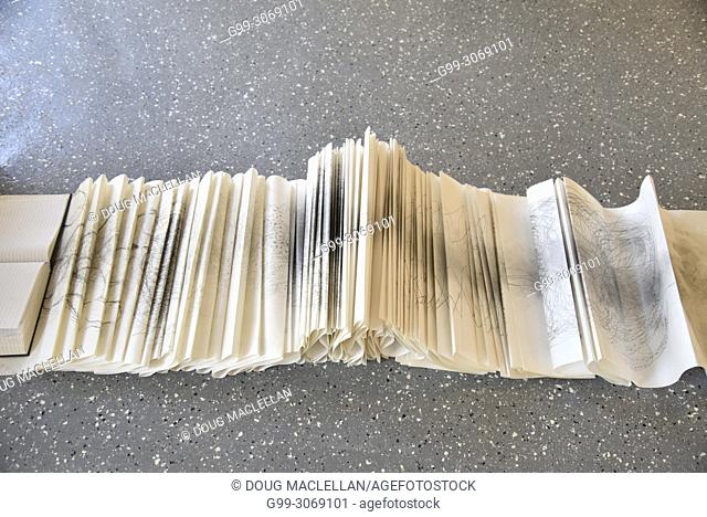 A long roll paper on a gallery floor that is marked with graphite, walked on for five days then folded results in the final art piece by a woman artist in...