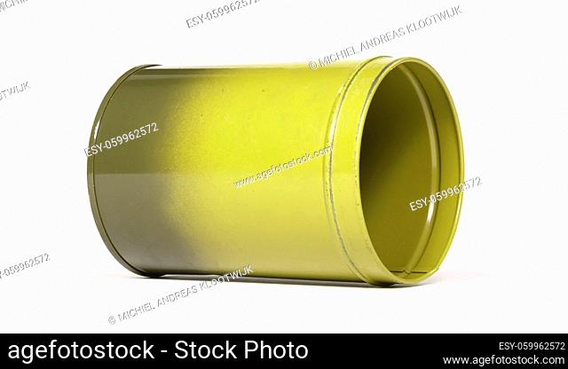 Old yellow tin can, isolated on white background