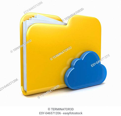 Yellow folder and cloud computing. 3D computer icon isolated on white background in the design of the information related to computer technology