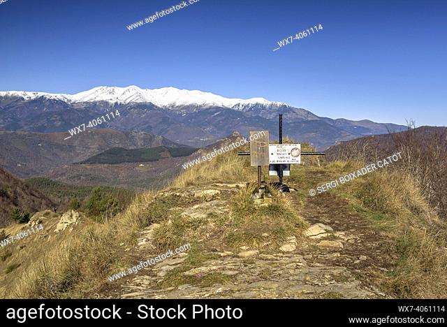 Views from the summit of Puig de les Bruixes. Looking towards the Canigou peak and the Pyrenees (Garrotxa, Catalonia, Spain, Pyrenees)