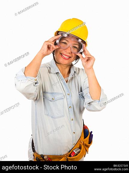 Hispanic female contractor wearing goggles, hard hat and goggles isolated on white background