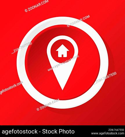 Round white icon with image of map pointer with house picture, on red background