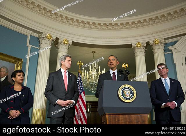 From left to right: United States Attorney General Loretta Lynch, US Secretary of State John Kerry and US Secretary of Defense Ashton Carter look on as U
