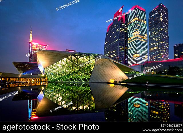 GUANGZHOU, CHINA - APRIL 27, 2018: Guangzhou Opera House designed by famous Iraqi architect architect Zaha Hadid illluminated at night