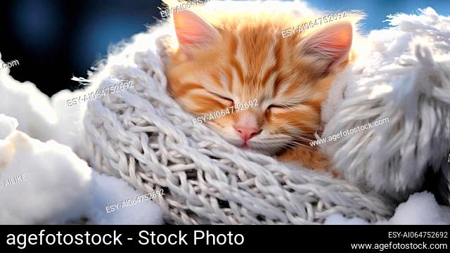 Cute kitten sleep in a white knitted scarf