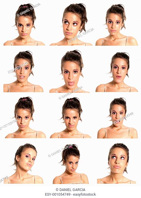 Young woman face expressions composite isolated on white background