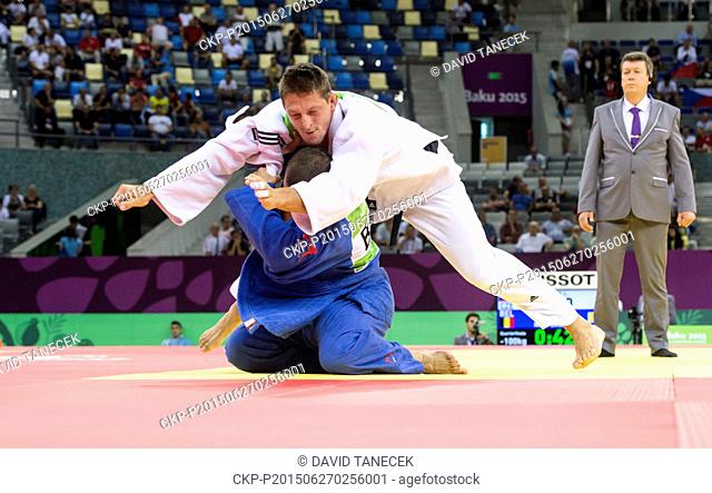 Lukas Krpalek (in white) from Czech Republic and Toma Nikiforov from Belgium fight during the Men's Judo under 100kg in Heydar Aliyev Arena at the Baku 2015 1st...