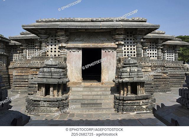 Small towers at the eastern entrance of Hoysaleshvara Temple, Halebid, Karnataka, india, View from East