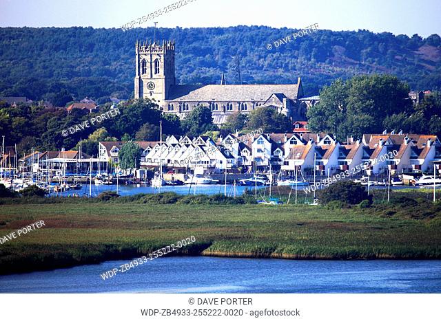 Summer view over Christchurch Priory and Christchurch Harbour, Christchurch town, Dorset County; England, Britain, UK