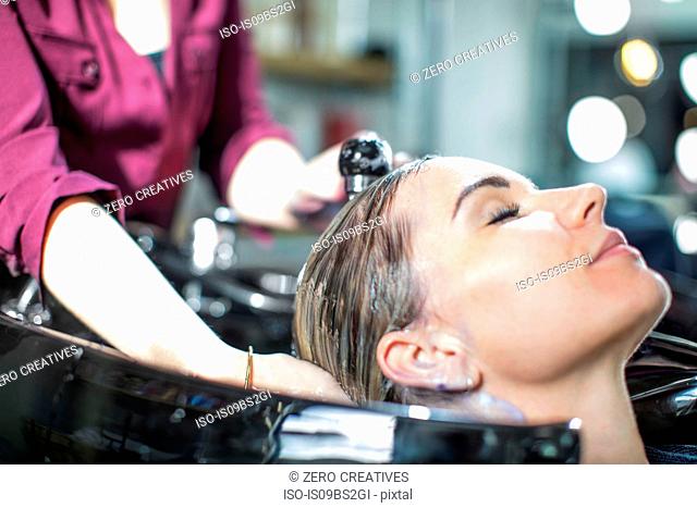 Hairdresser rinsing customer's hair in salon