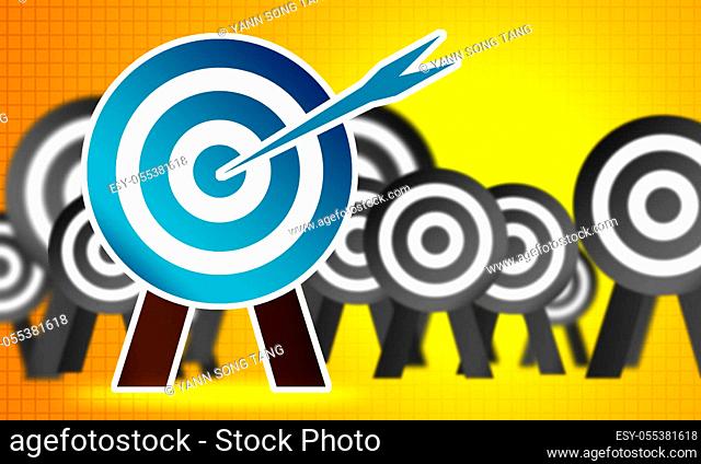 Arrow hitting center target on yellow background, 3d rendering