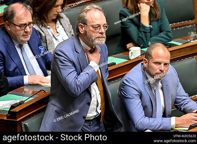N-VA's Peter De Roover and N-VA's Theo Francken pictured during a plenary session of the Chamber at the Federal Parliament in Brussels on Tuesday 11 October...