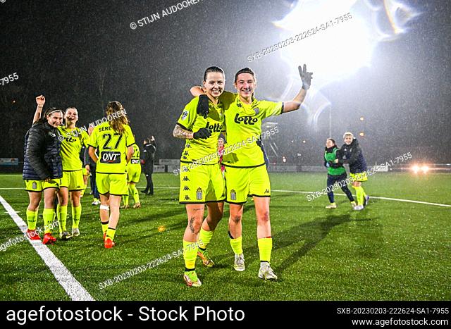 Charleroi won the game 1-2 and Alysson Duterne (23) of Charleroi and Perrine Balant (9) of Charleroi could celebrate after a female soccer game between Racing...