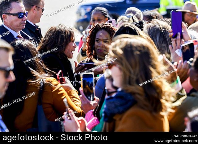 United States Vice President Kamala Harris greets supporters while arriving to Denver International Airport in Denver, Colorado, US, on Monday, March 6, 2023