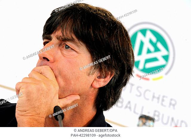 Head coach of the German national soccer team Joachim Loew gestures at a press conference of the German team in Munich, Germany, 04 September 2013
