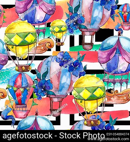 Hot air balloon background fly air transport illustration. Seamless background pattern. Fabric wallpaper print texture
