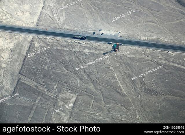 Aerial view of Nazca Lines - Tree and Hands geoglyphs, Peru. The Lines were designated as a UNESCO World Heritage Site in 1994