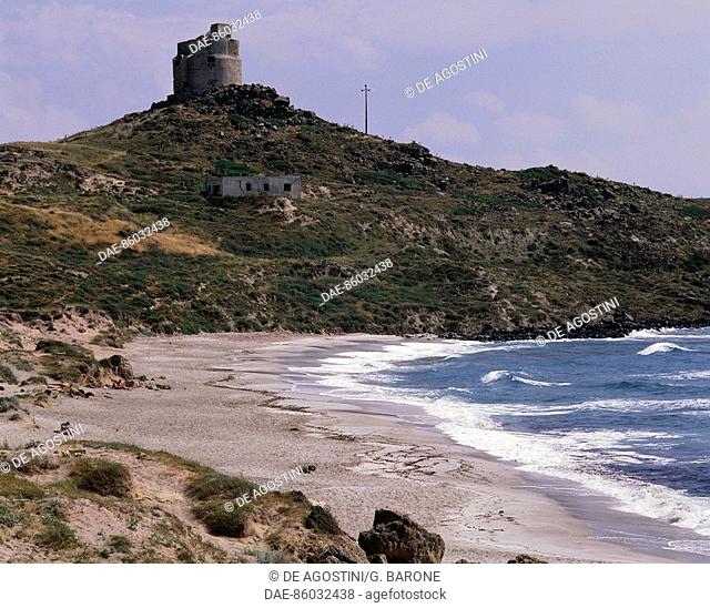 The beach and the tower of San Giovanni (St John) in Capo San Marco, Cabras, Sinis Peninsula, Sardinia, Italy
