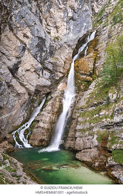 Slovenia, Goriska Region, Bovec, the Triglav National Park, with its 80 meters high the Savica waterfall gives birth to the river Bohinjka