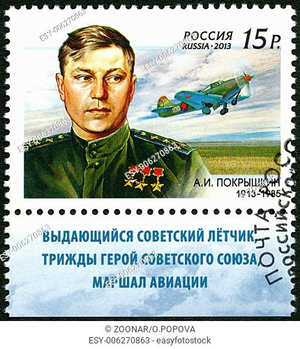 RUSSIA - 2013: shows The 100th birth anniversary of A.I. Pokryshkin (1913-1985), a Soviet flying ace