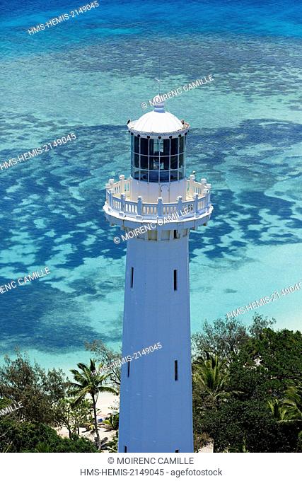 France, New Caledonia, Southern Province, off Noumea, nature reserve island Amedee Lighthouse (1865), Lagoon classified as a UNESCO World Heritage (aerial view)