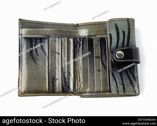 open gray patent leather wallet isolated on a white background, a stylish accessory for money