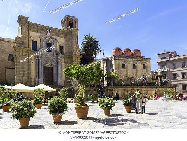 Side view of Church of Martorana with caratteristiche red roof. Palermo, Sicily. Italy