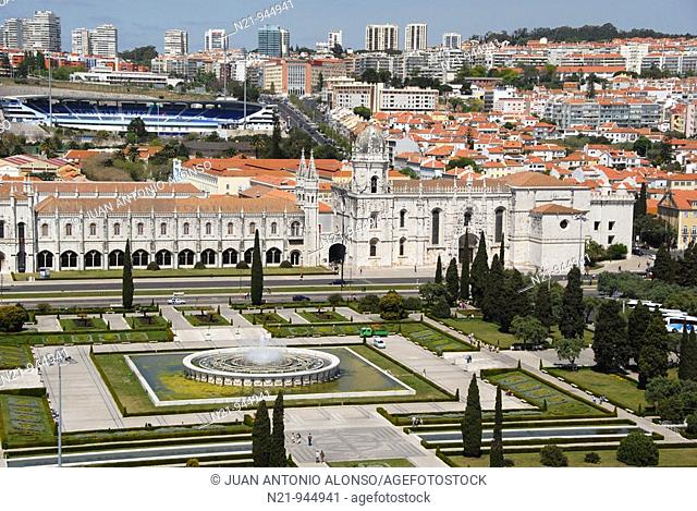 General view of the Mosteiro dos Jeronimos and the Praça do Império from Padrao dos Descobrimentos. Belem, Lisbon, Portugal