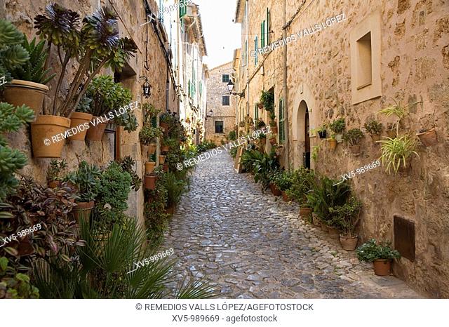 Street in Valldemosa, in Serra de Tramuntana. Mallorca. Balearic Island. Spain