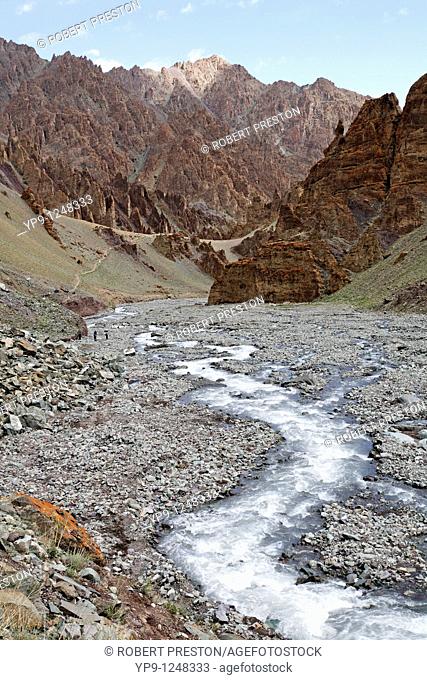 A river running through the jagged mountains of the Stok gorge in Ladakh, India