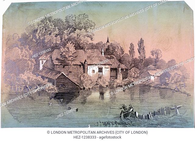 Hampstead Heath, Hampstead, London, c1850; view of Hampstead Pond on the heath, with buildings behind