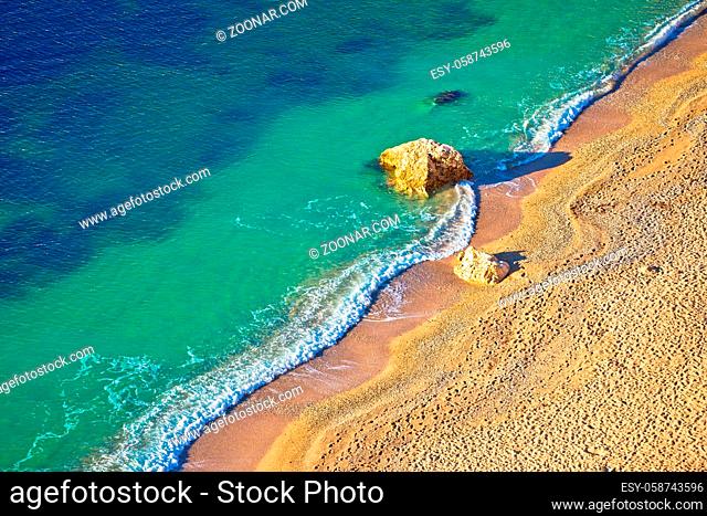 Idyllic Cote d'Azur sand beach aerial view, Villefranche sur Mer, France