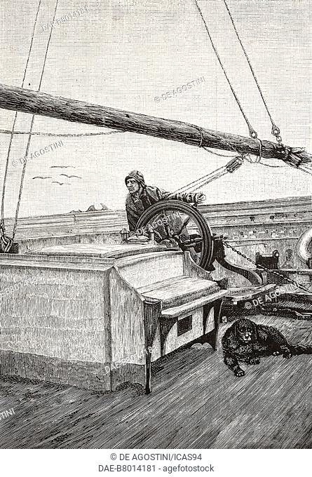Bearing Away, a sailor in his raincoat steers the helm of a ship, engraving from a painting by Alfredo Luxoro (1859-1918), from L'Illustrazione Italiana