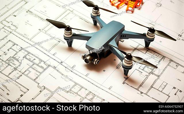 A drone on blueprint architectual printed plans. Inspection drone