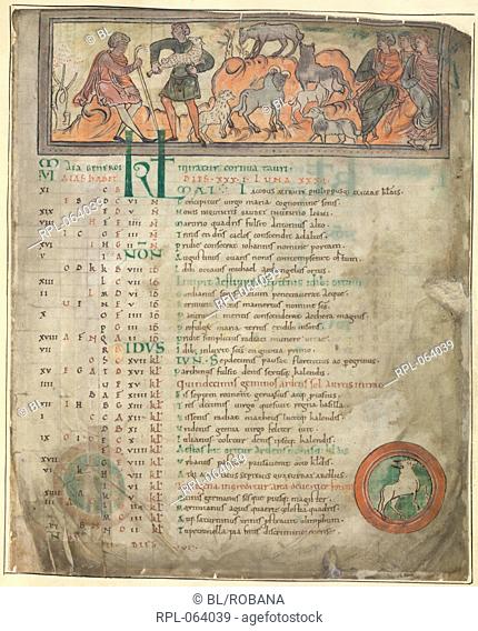 Tending sheep Whole folio Calendar page for May. Two shepherds with their flock one holding a crook and three seated figures
