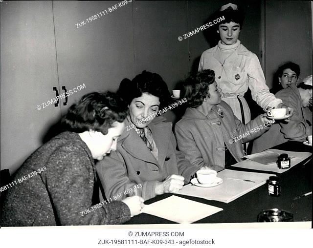 Nov. 11, 1958 - Girl volunteers f or N.A.A.F.I. duties in Cyprus; Volunteers were to be seen at the N.A.A.F.I. headquarters, Imperial Court