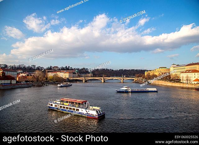 Prague, Czech Republic - March 15, 2017: Several cruise boats on the Vlata River