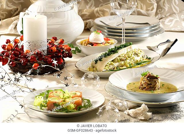 Christmas menu salmon terrine, cream of mushrooms soup, turbot and fruit salad