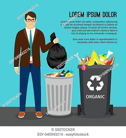 Man holding a big trash bag, near the garbage container, vector illustration