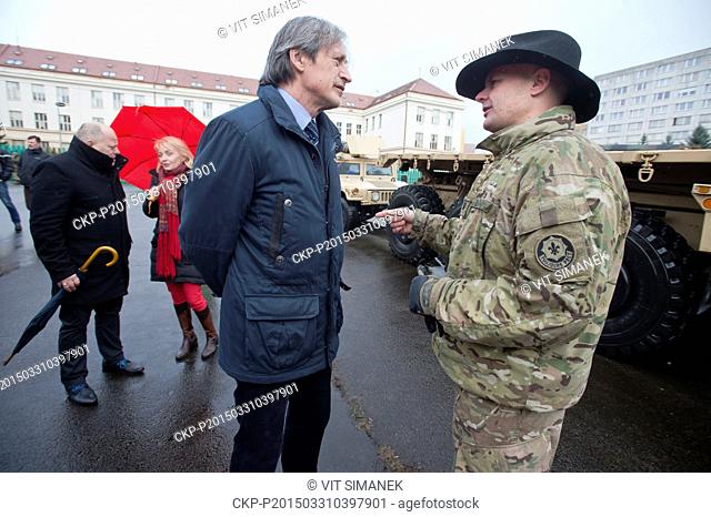 Czech Defence Minister Martin Stropnicky (left) meets commander of the U.S. convoy Tim Peyment in Prague-Ruzyne barracks, Czech Republic, March 31, 2015