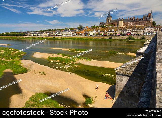 France, Loiret (45), Gien, La Loire river, old town and, Gien castle, viewed from old bridge also called Anne-de-Beaujeu bridge