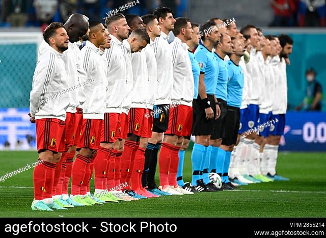 Belgium team seen at the national anthem at a soccer game between Russia and Belgium's Red Devils, the first game in the group stage (group B) of the 2020 UEFA...