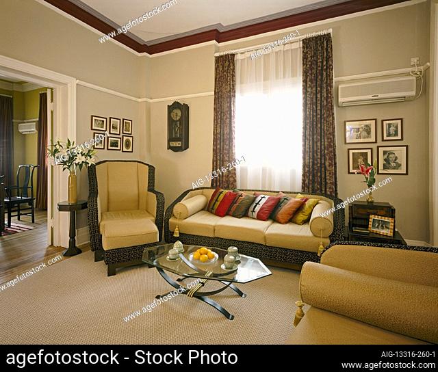 Living area of a Shanghai art deco apartment, French Concession district, Shanghai, China. The interior designer is Kenneth Grant Jenkins of the The Design...